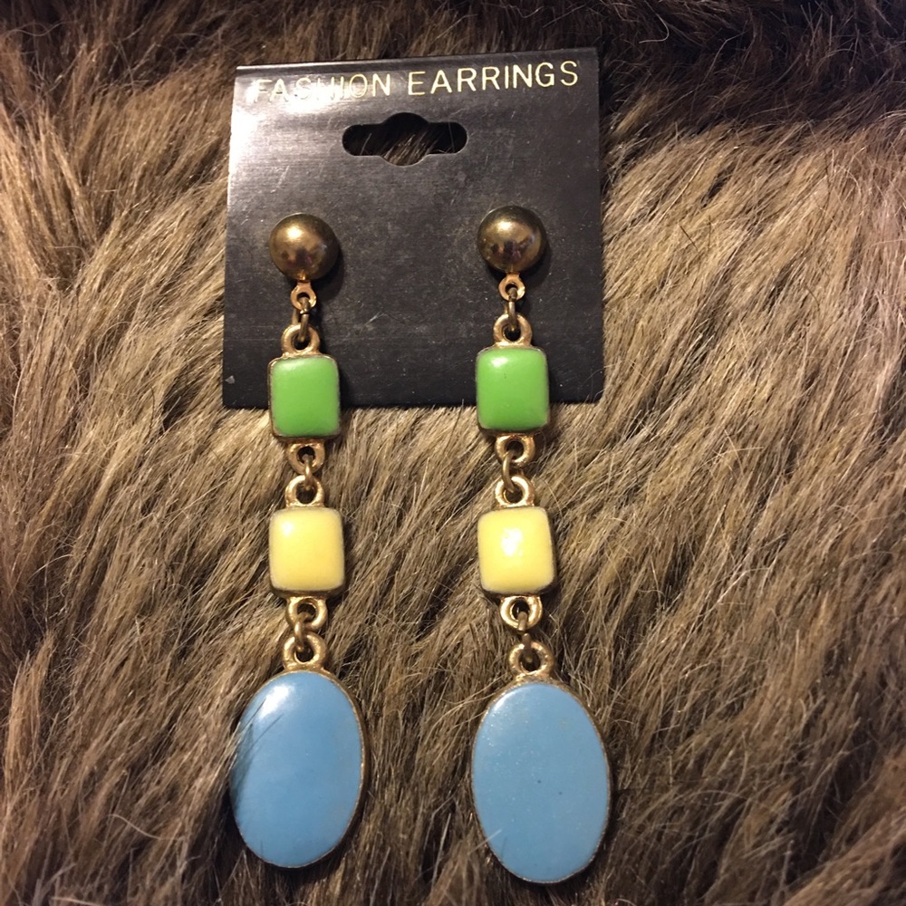 Gold tone enamel dangle pierced earrings
